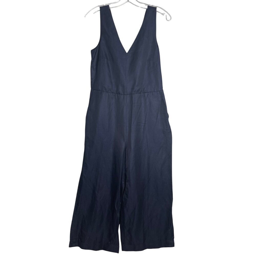 Banana Republic Cropped Wide Jumpsuit Navy Womens 4 V Neck Tie Open Back Preppy